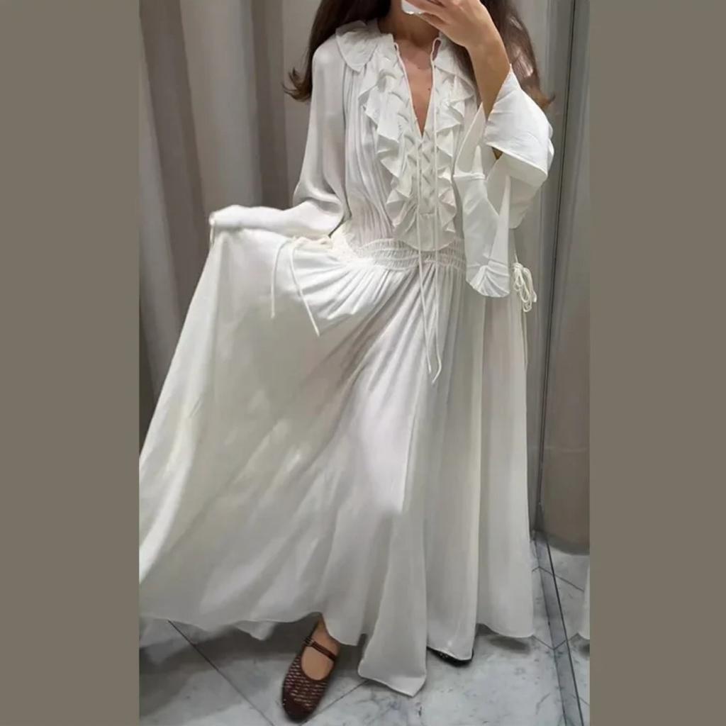 Rochii Lungi Elegante Albe Largi din Gaze Femei Casual Decolteu în V Mânecă Lungă Cloche Robe Lungi Noi Femei Rochie de Birou High Street
