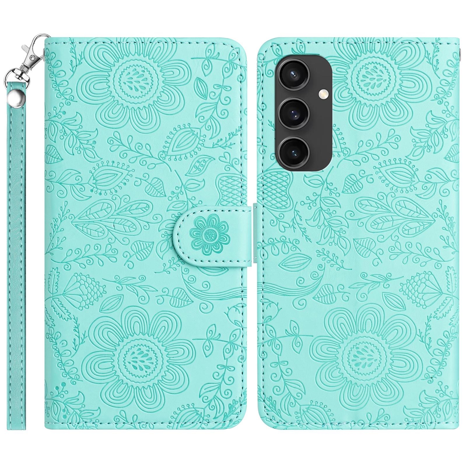 

For Samsung Galaxy S24 FE Case Flower Imprint Leather Flip Wallet Phone Cover with Wrist Strap Light Green