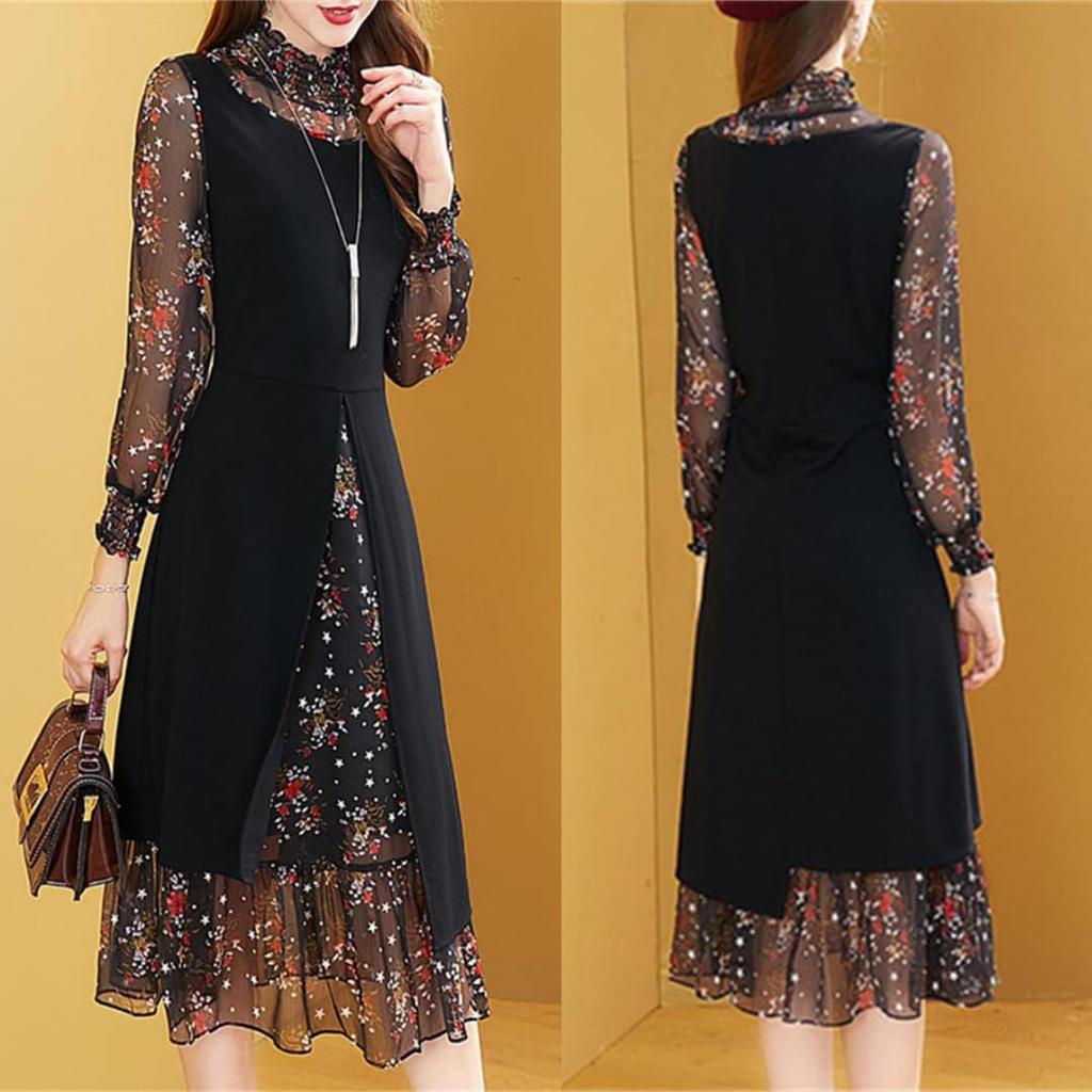 KEIMY Beautiful Slimming Chiffon Korean Style Floral Plus Midi Sizes A-Line Dress, Print, Size, Office/Formal Dress, Dress, M-5XL (3XL)