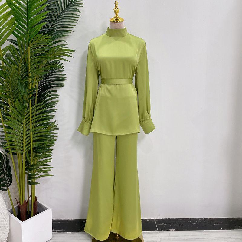 

2023 New Arrival Fresh Shoelace Pure Color Top and Trousers Suit Lace up Top Long Pants Suit Olive green M