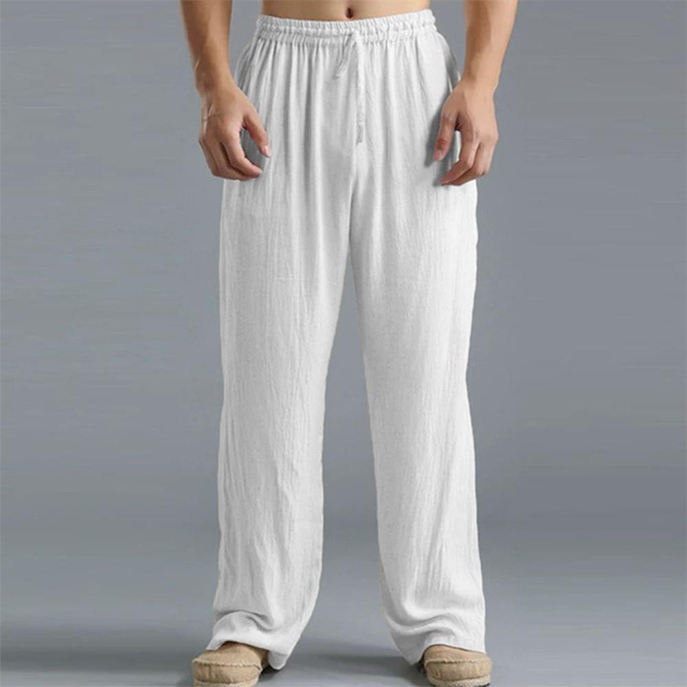 Men's Cotton Linen Straight Leg Pants Lightweight Breathable Trousers Beach Style Solid Color Casual Cozy Sweatpants