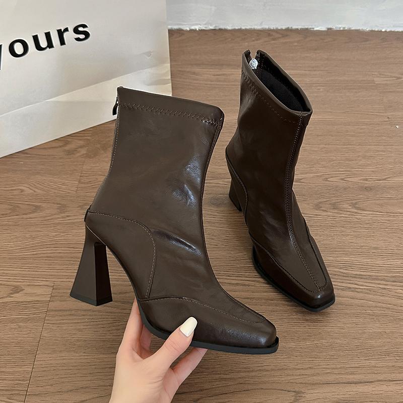 Autumn Winter Square Toe Women High Heel Ankle Boots Street Style Elastic Slim Mordern Short Botas De Mujer