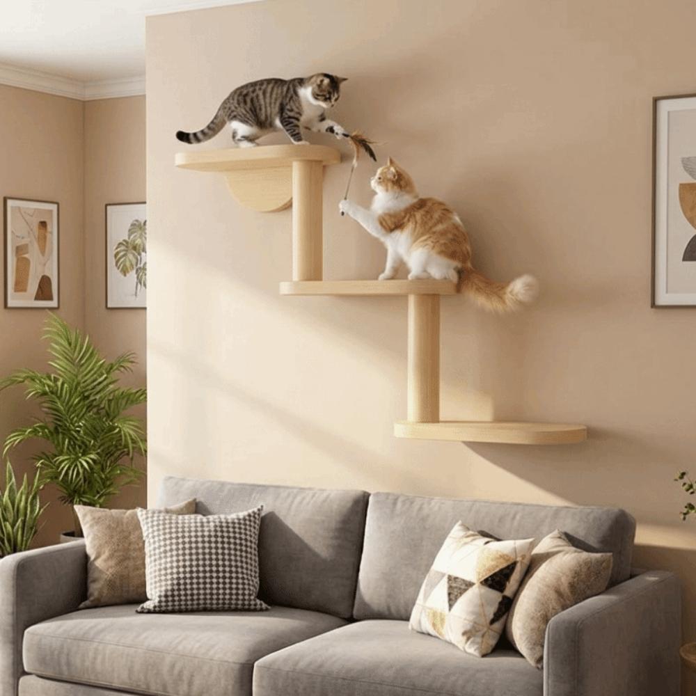 3-Level Wall Mounted Cat Tree Solid Wood Cat Sisal Scratching Post Cat Perch  Pet Playground