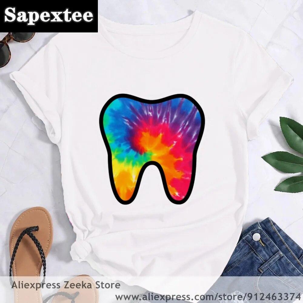 Zahn und Zahnarzt Grafik Ästhetik Frauen Lustige Print Damen T-shirt Mädchen Y2K Harajuku Basis O-kragen Weißes Hemd Kurze
