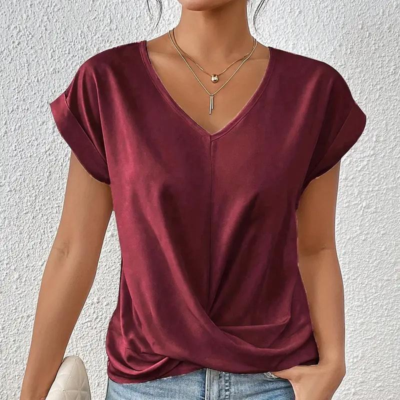 

Женская летняя футболка с коротким рукавом, V-образным вырезом, узлом, дышащая, однотонная, пуловер, топ XXL