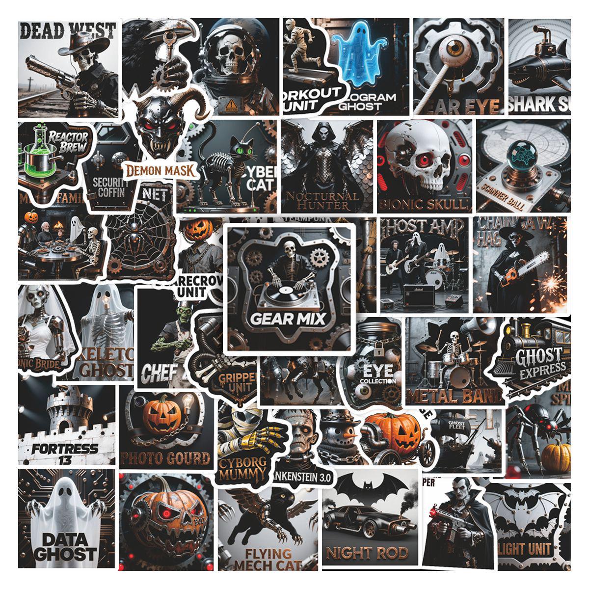 50 Sci-Fi Metal Style Halloween Stickers: Personalized, Waterproof & Decorative for Journals, Computers, Bottles, and Luggage. No