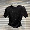 2025 Summer Rhinestone Padded Shoulder Crop T-Shirt