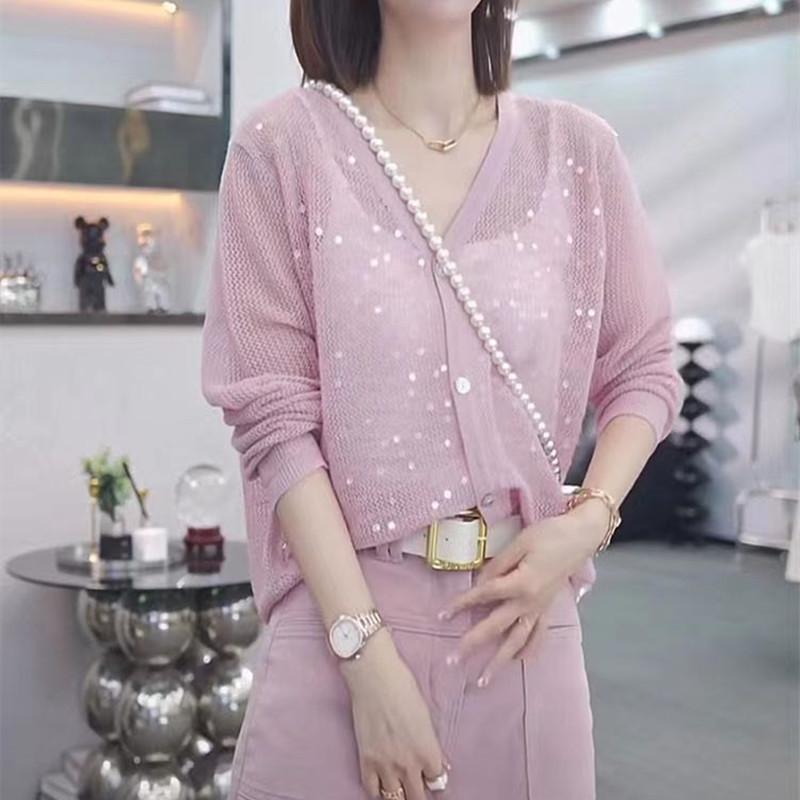 

QICED пайеточный вязаный кардиган женский летний халат сетчатый тканый тюль солнцезащитный костюм верхняя накидка Uniform size