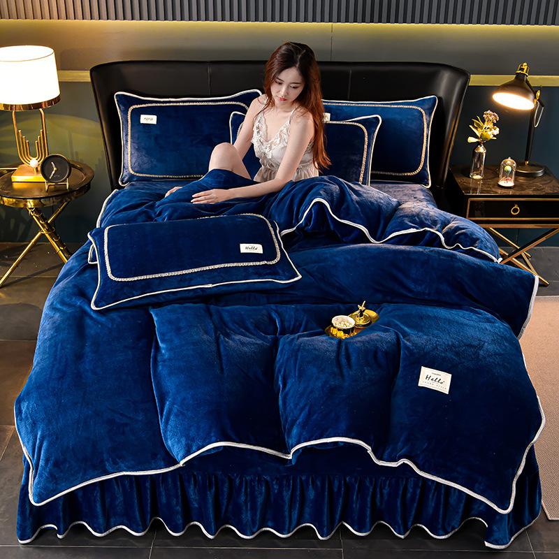 Solid color milk fleece four-piece set, winter thickened warm student dormitory bed sheet four-piece set