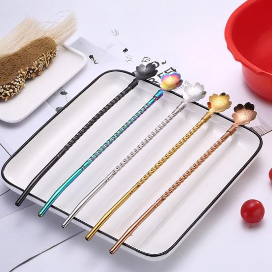 Yousheng Sakura Straw Spoon, 304 Stainless Steel Straw for Coffee Stirring, Reusable Drinking Straw for Juice Milk Tea