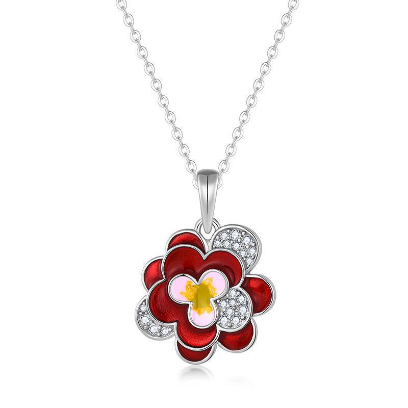 New Chinese Style Camellia Necklace - S925 Sterling Silver Pendant with Red Flowers on Clavicle Chain 925 Silver