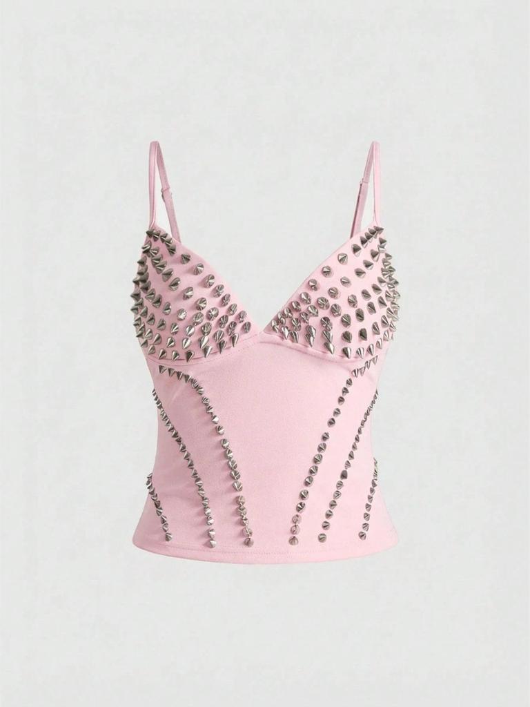 Y2K Fashion Trend Pink & Silver Rivet Camisole - Waist-Cinching Cropped Vest