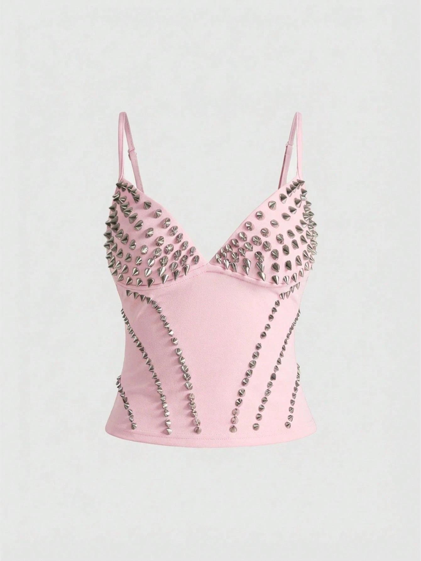 

Y2K Fashion Trend Pink & Silver Rivet Camisole - Waist-Cinching Cropped Vest XL рожевий
