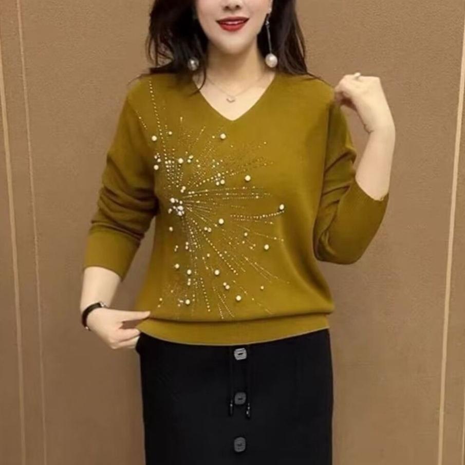 

Женский свитер с V-образным вырезом, осенне-зимний, с бисером, свободного кроя, однотонный пуловер, вязаный топ L жёлтый
