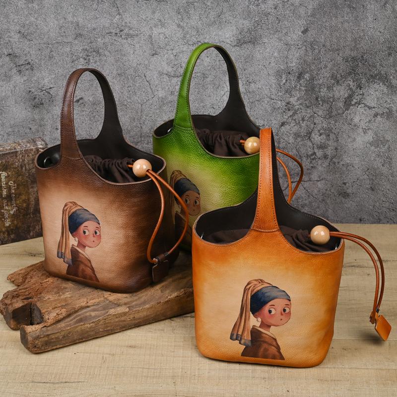 Vintage Floral Print Handmade Cowhide Leather Bucket Bag