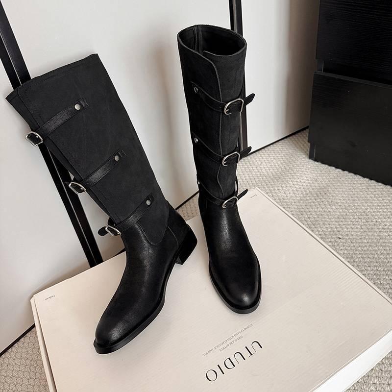 Autumn and winter women's leather tall boots solid color versatile medium heel large size women's boots rubber soft sole big tube circumference Ma