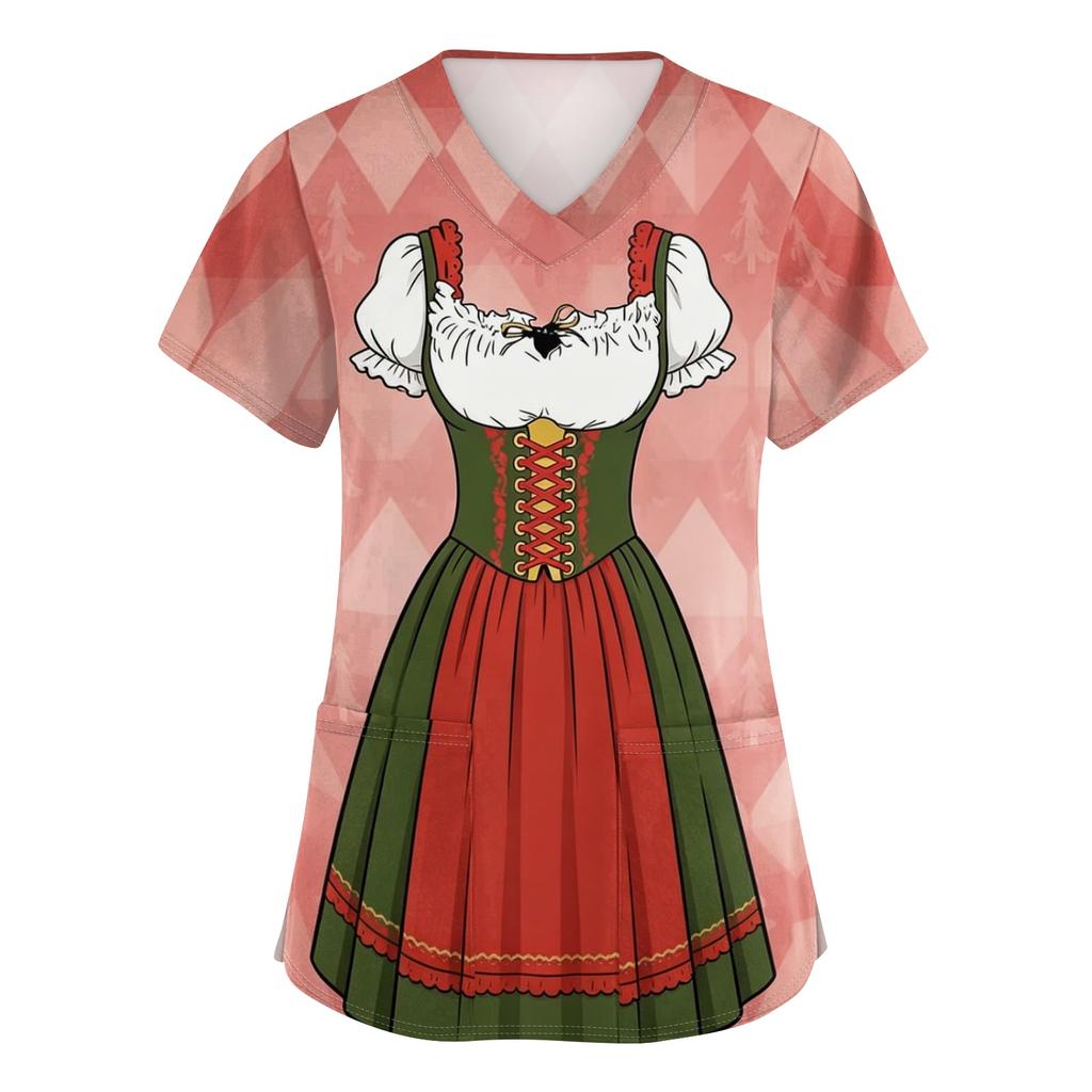 Women's V Neck Short Sleeve Work Shirt with Pockets Oktoberfest Print Medical Uniform Top Nurse Scrub Tee for Healthcare Professionals