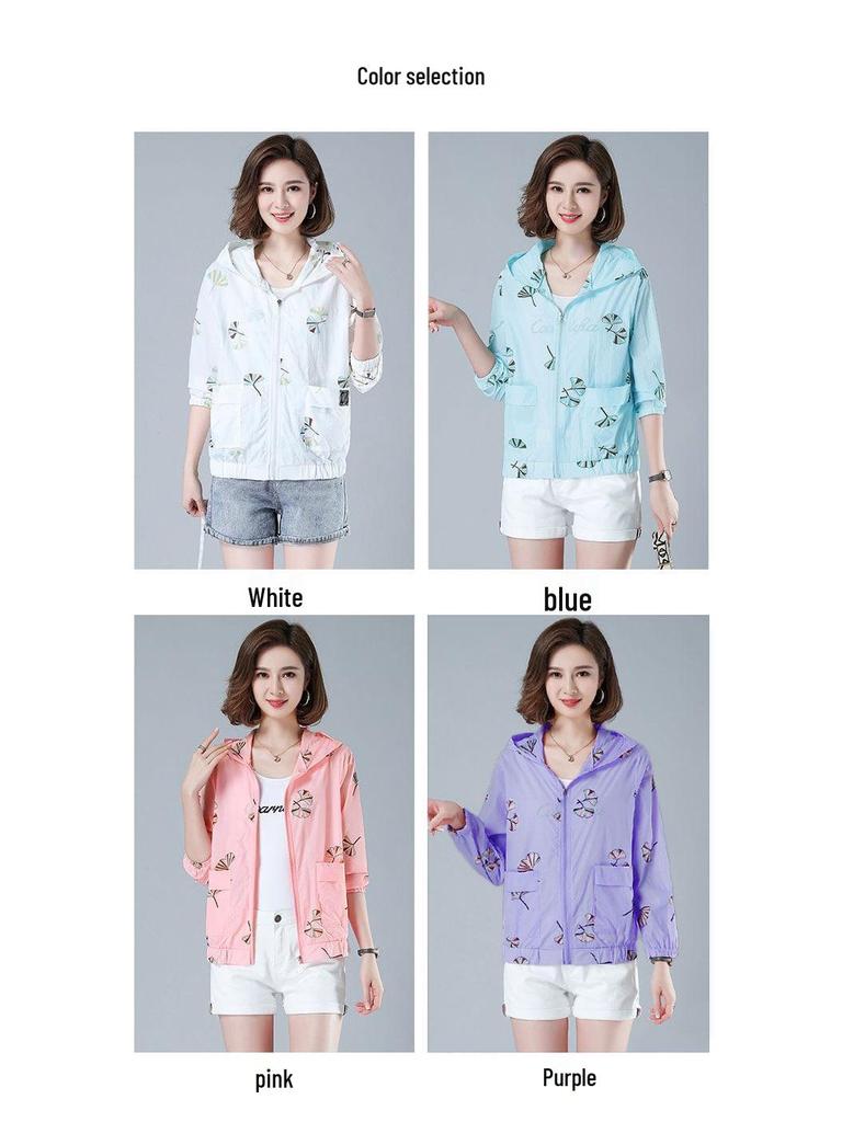 2025 Summer Hooded UV Protection Jacket for Middle-aged and Elderly Women: Loose Fit with Printed Design