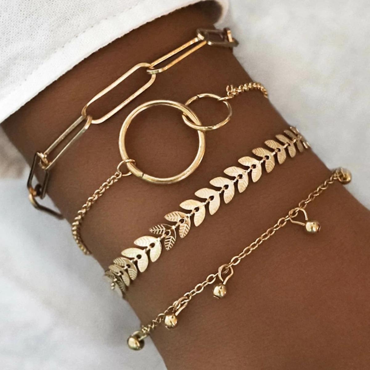 

Модный женский золотой бисерный комплект из четырех частей, цепочка Fishbone, геометрический многослойный браслет золотой