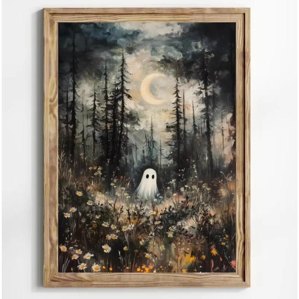 Stampa su Poster Foresta Gatto Nero Fantasma Fiori Selvatici Pittura su Tela Zucca Halloween Spettrale Arte Dark Academia Stanza Arredamento Casa