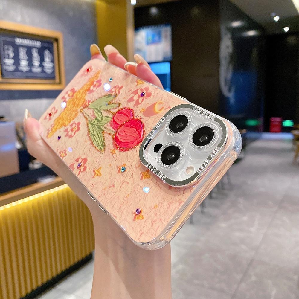 For iphone 15 Pro Max 14 plus Sparkling Pink Silver Lens Circle Fashion Flower Phone Case For iphone 15 14 13 12 Pro Max 11 Soft silicone Back Cover