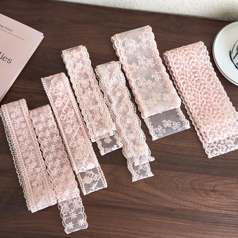 Pink Lace Flowers Long Strip Silk Scarf Headbands Bow Hair Rope Womans Girls Sweet Tie Hair Turban Ribbon Lady Headdress Fashion