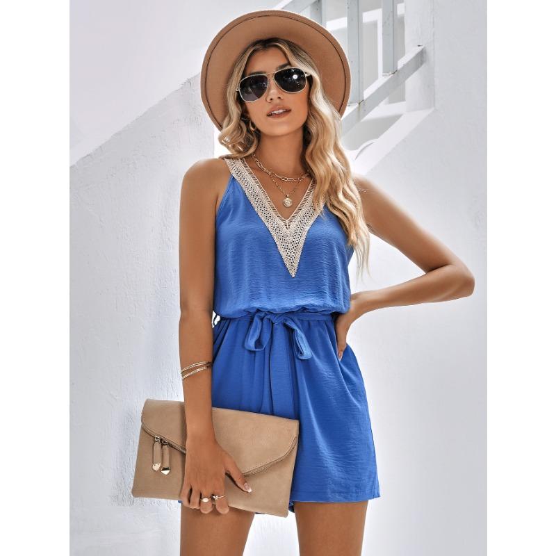 

Летний женский комбинезон, повседневный кружевной однотонный комбинезон без рукавов с v-образным вырезом M синий