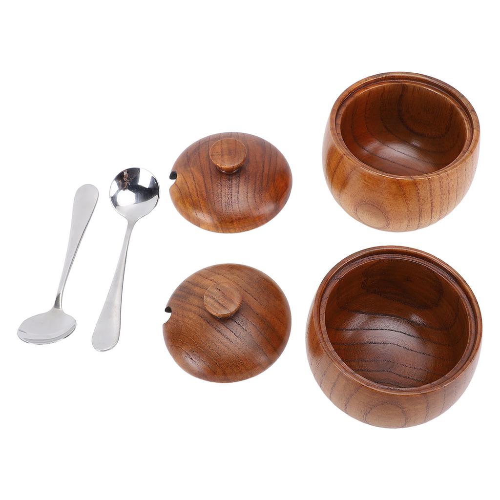 2pcs Wood Salt Bowl Multifunctional Salt Jar with Lid Spoon for Sugar Condiment Spices