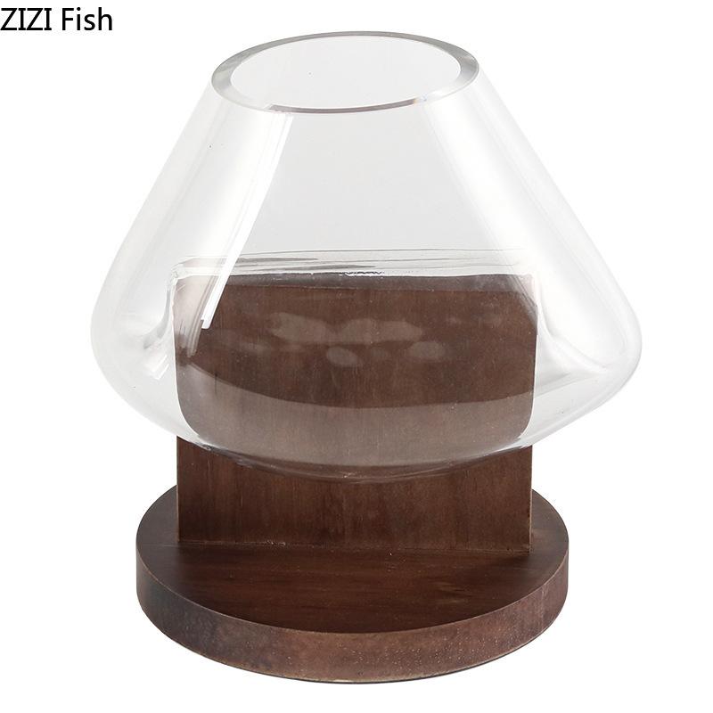 Creative Transparent Glass Vase Solid Wood Base Plant Pots Table Decoration Flower Arrangement Floral Vases Room Aesthetic Decor