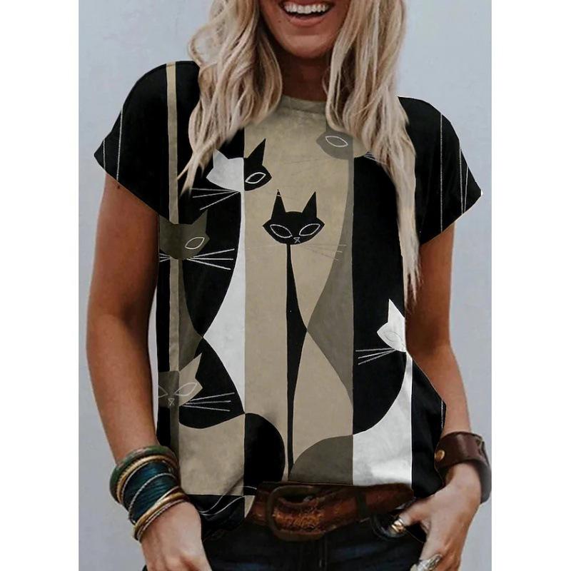 3D Cat Painting Women's T-shirt Cat Image Printing Round Neck Casual Summer Tops