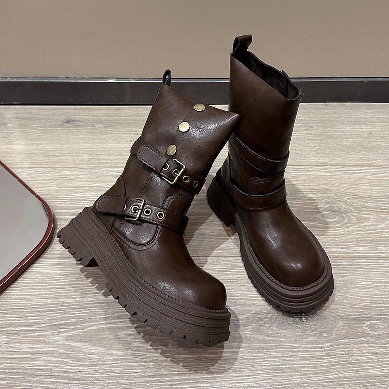 

Thick-Soled Martin Boots Women S Belt Buckle British Style Short Boots Beauty Velvet Rad Boots Increase Height 40 темно-коричневого кольору