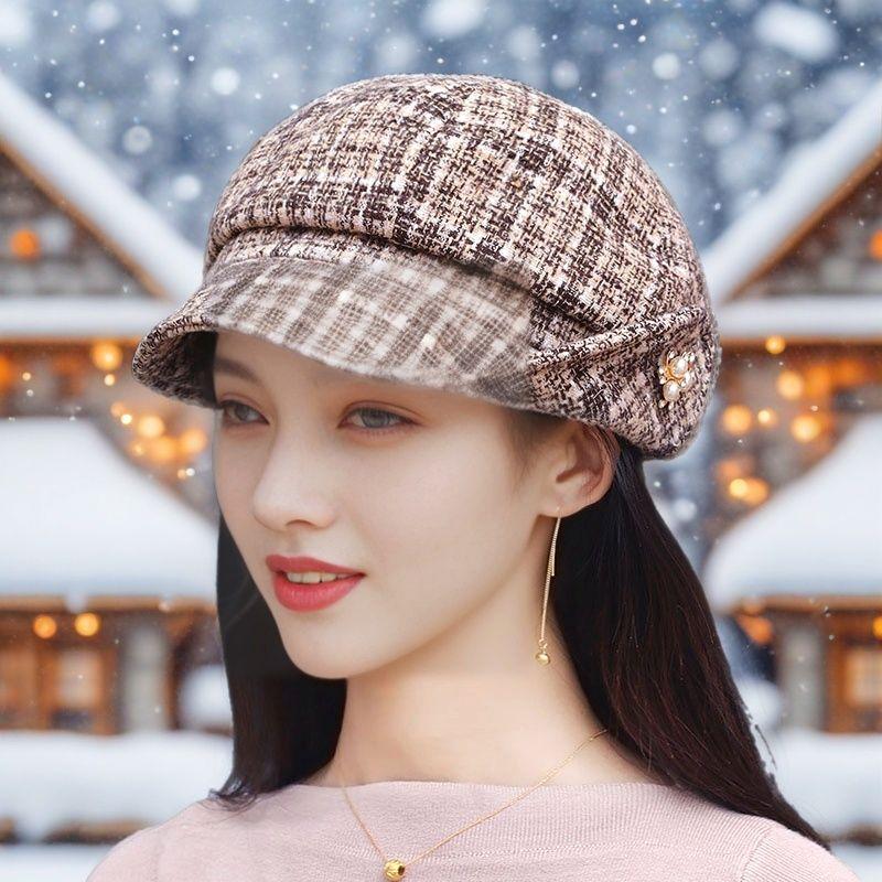 Ladies' Hats Autumn Winter Style Quilted Turn-Up Brim Octagonal Beret Fashionable Ladies' Fashion Beret with Duckbill Brim