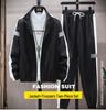 Men's Black Casual Korean Style Hooded Outerwear Set with Long Pants and Long Sleeves
