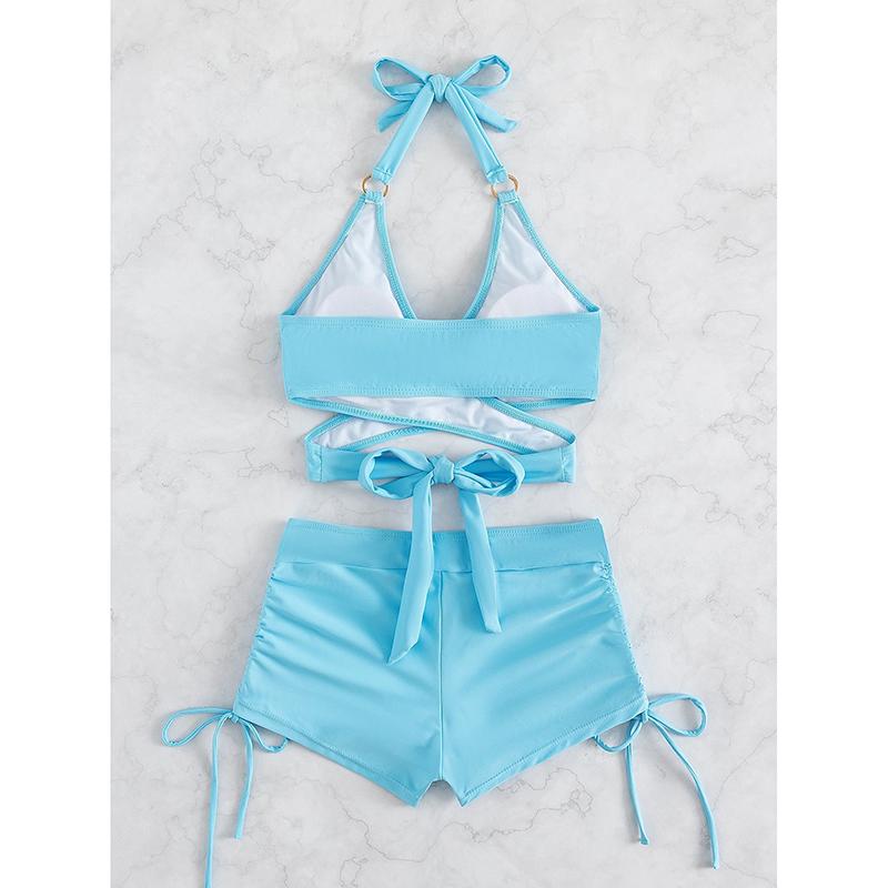 Sexy High Waist Two-piece Bikini Women's Solid Hollow Swimsuit Cross Gathered Swimwear Summer Drawstring Beach Bathing Suit