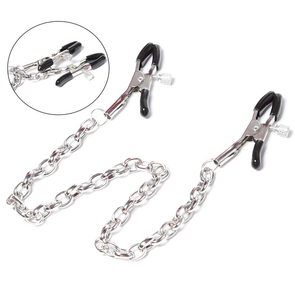 Erotic Nipple Clamps with Iron Chain and Leather Clips for Adult Pleasure
