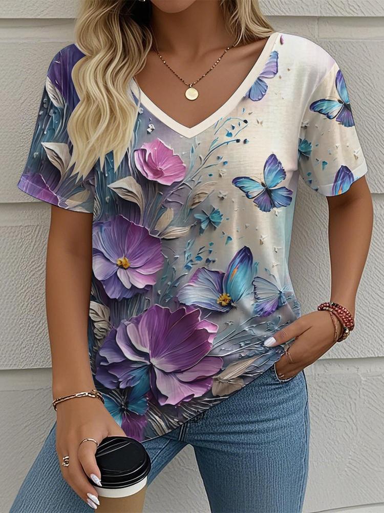 Flower Floral Painting 3D Print T-Shirts Women's V-Neck Short Sleeve T Shirt Y2K Oversized Tees Harajuku Tops Female Clothing