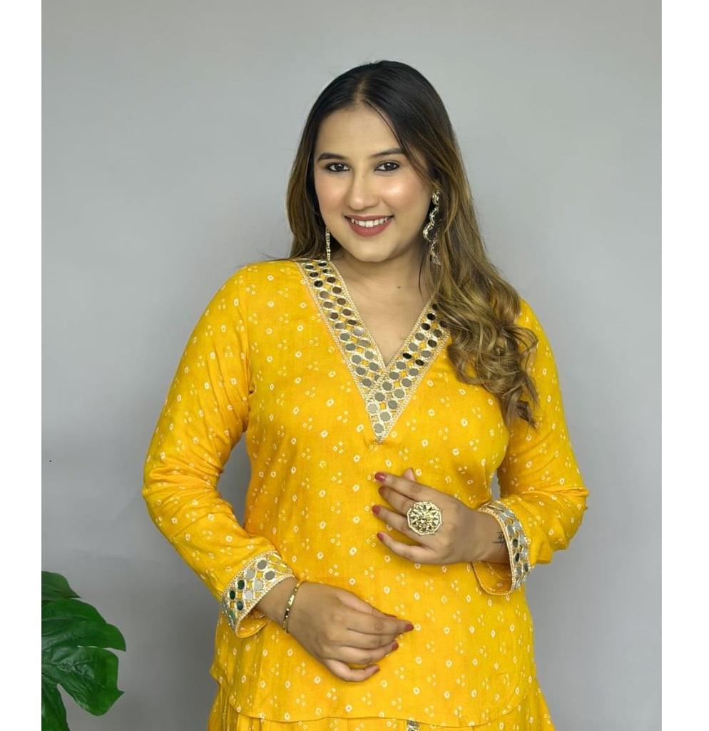 Women Designer Bandhani Print Cord Set Indian Bollywood Dhoti Kurta Top Tunic Dress