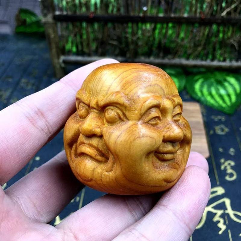 Chinese style cliff cypress  wood carving with four sided Buddha decorations of joy, anger, sorrow, and music People expression