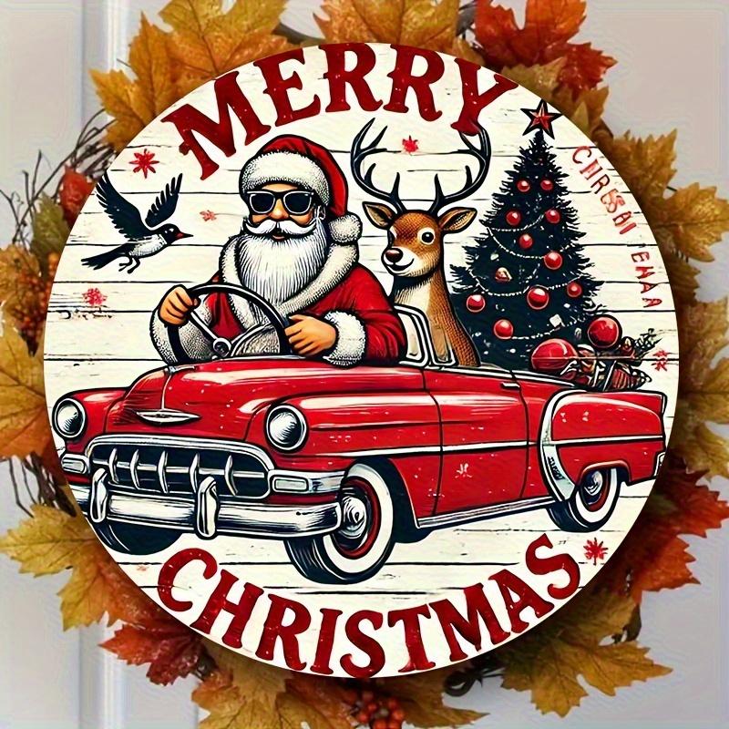 Vintage Christmas D Relief Art High Definition Metal Wall Art Set of Retro Round Iron Sheet Decor Includes Santa Truck Sno