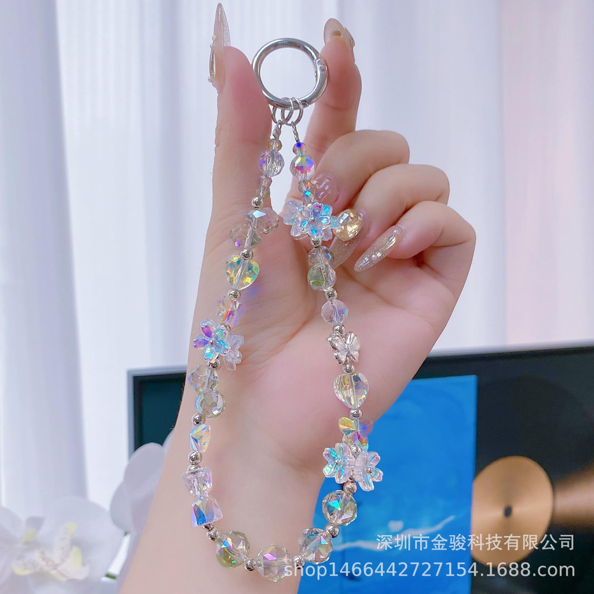 Korean Style 3D Flower Phone Chain Strap Phone Case Hanging Chain Wrist Strap Crystal Phone Chain Beaded New Hanging Decoration