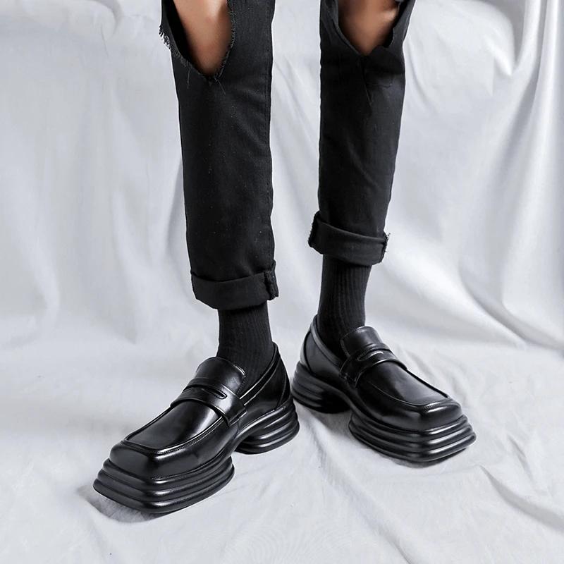 Men Square Toe Black Loafers Thick Sole PU Solid Color Mask Decoration Versatile Work Shoes Fashionable Business Men Shoes