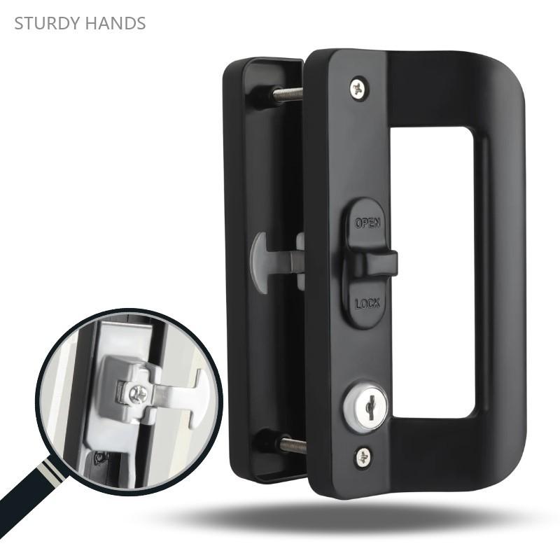 Serrures de Porte Coulissante de Balcon Serrure à Poignée Noire Verrou Crochet pour Porte Coulissante à Cadre en Aluminium Accessoire Matériel Ménager Serrure de Porte