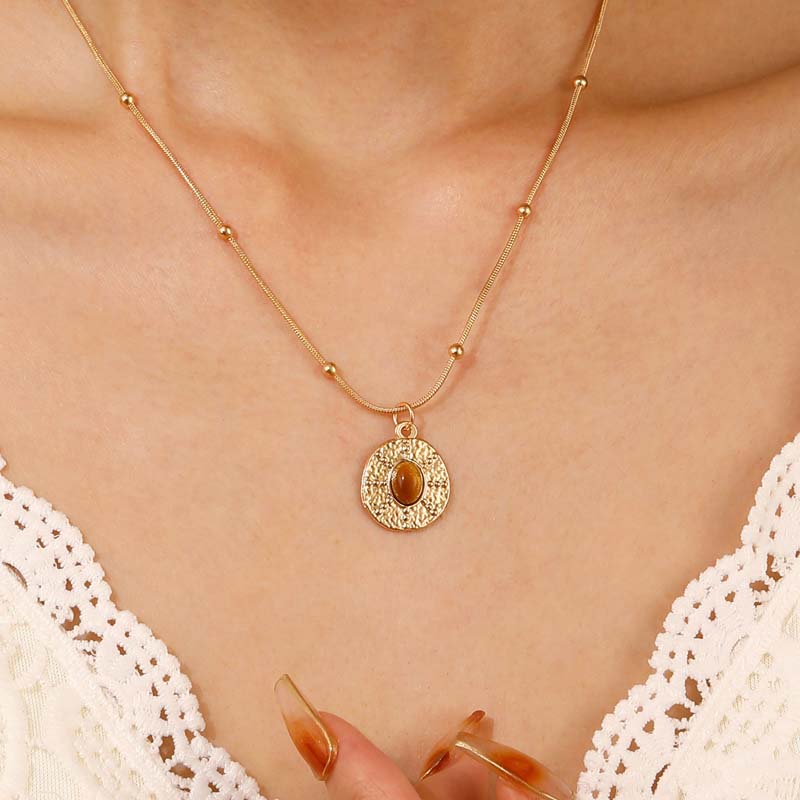 iF ME 5PCS Vintage Brown Opal Pendant Necklaces for Women Maillard Gold Color Metal Geometric Choker Necklaces Y2K Jewelry Accessories