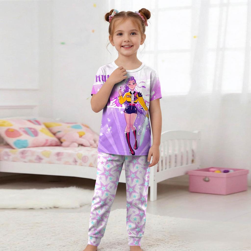 Kids Fashion Outfit Set Round Neck Short Sleeve Top and Pants Printed Design Comfortable Fit Suitable for Daily Wear and Playtime