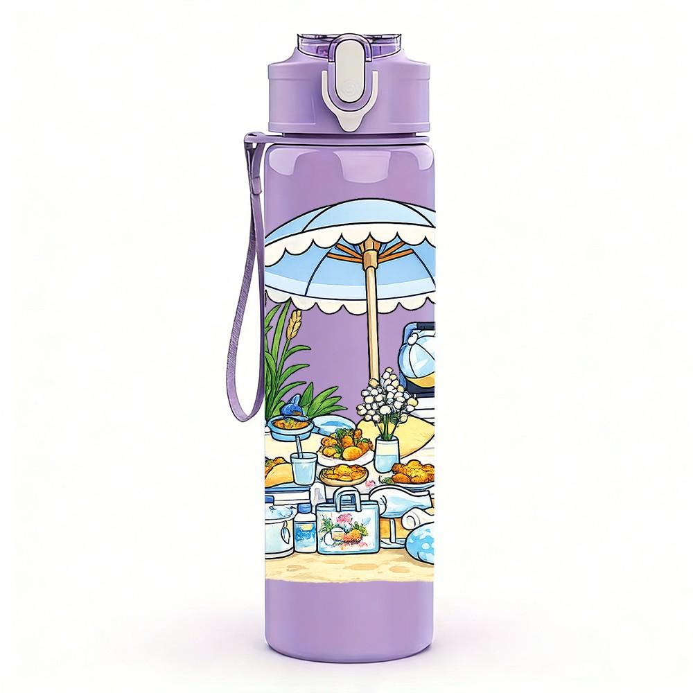 1PC Beach Parasol Girl Vacation 750ml Color Plastic Sports Water Bottle Leakproof Flip Straw Lid Suitable for Sports Office Home Use