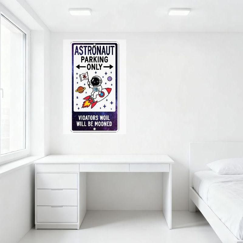 Astronaut Parking Only Metal Tin Sign with Cosmic Pattern, Funny 'Violators Will Be Mooned' Space Themed Sign for Home Bar Man C