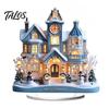 Winter Themed Decorative Art Christmas Acrylic Ornament, 2D Flat Snowy Cottage Ornament with Base, Small for Desk Display Santa Snowman Table