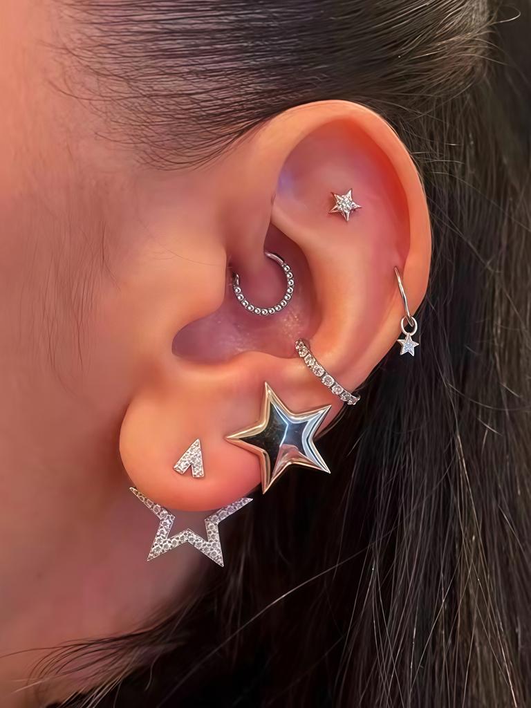 6pcs Hip Hop Rock Silver Pentagram Women's Earrings Party Jewelry