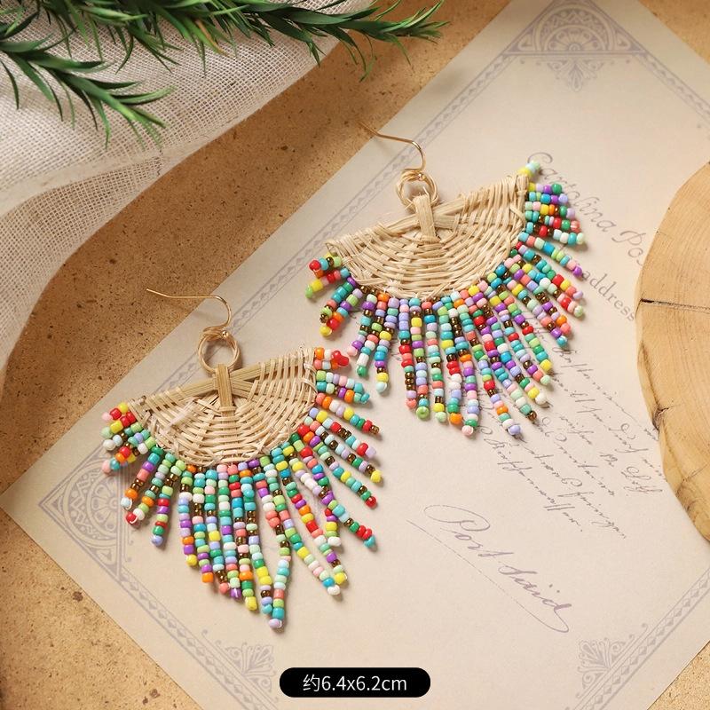 Original design bohemian earrings handmade rattan long tassel women's retro niche vacation earrings