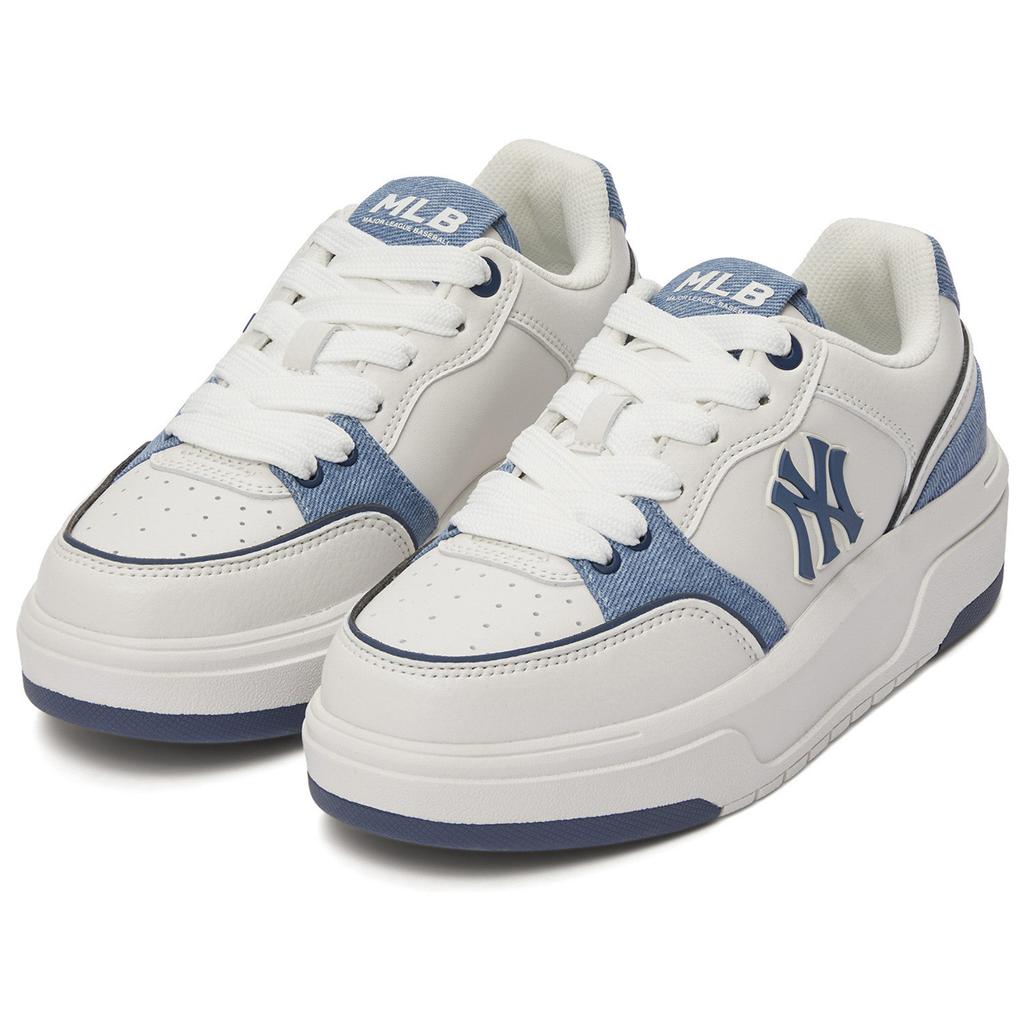 New MLB New York Yankees Anti Slip Wear Resistant Low Top Skateboard Shoes Unisex White Cyan 3ASXD015N-50NYS